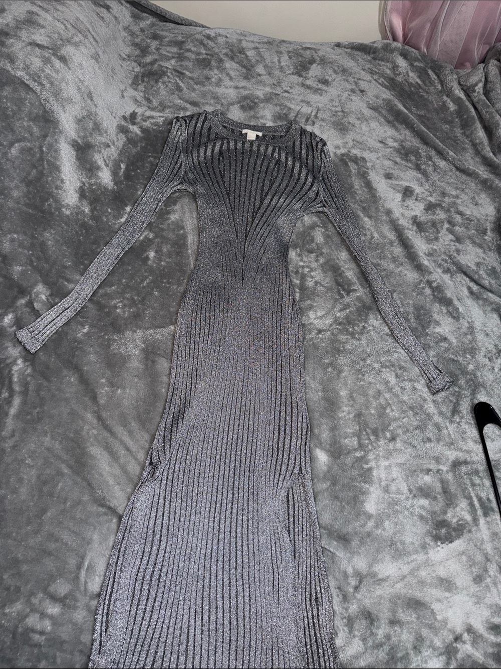 H&M Metallic Silver Long-Sleeve Ribbed Bodycon Maxi Dress